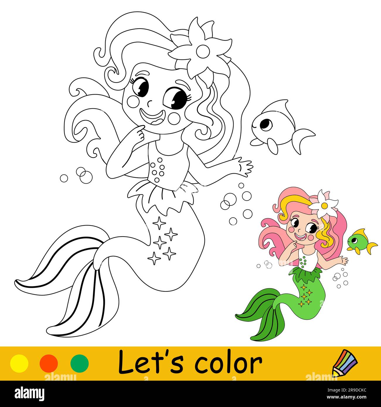 Cute and happy little mermaid and a fish. Vector cartoon black and
