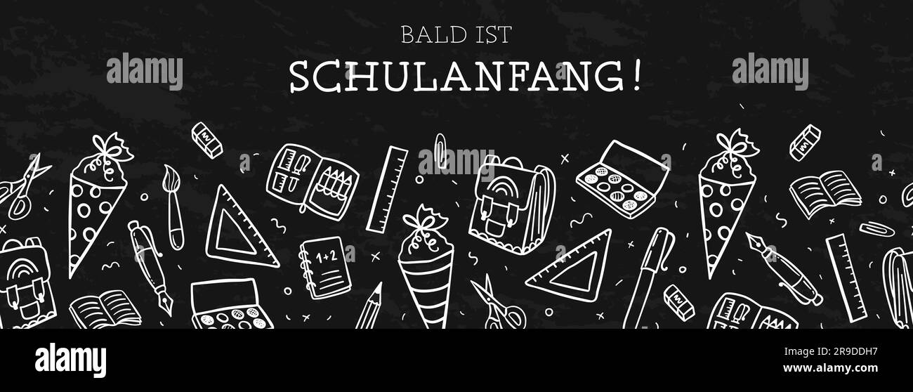 Cute hand drawn back to school seamless pattern with text in German 'school starts soon', lovely school supplies, great for banners, wallpapers, wrapp Stock Vector