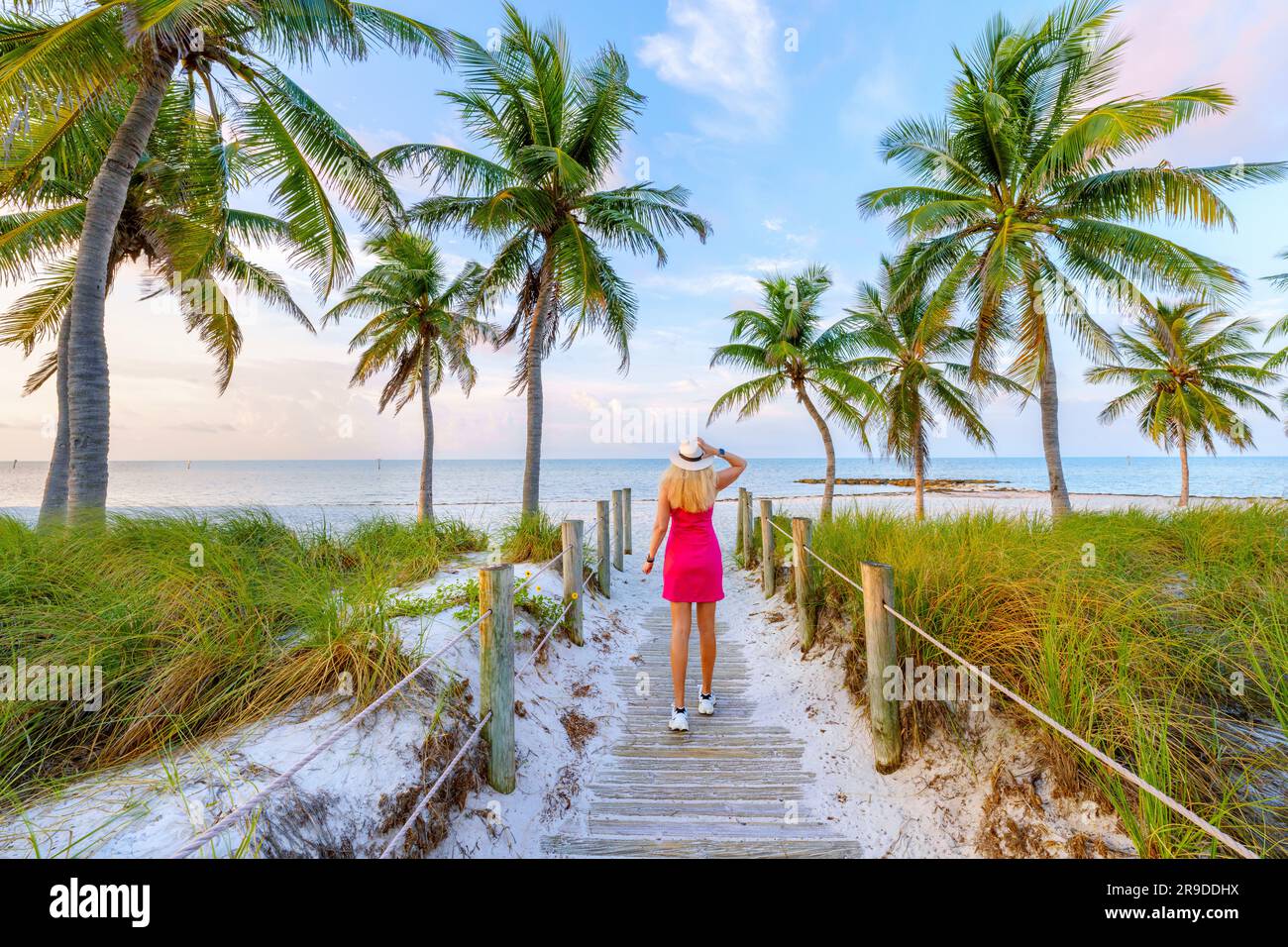 Smathers Beach,  beautifully  framed by Palm Trees  Key West, Florida, USA Stock Photo