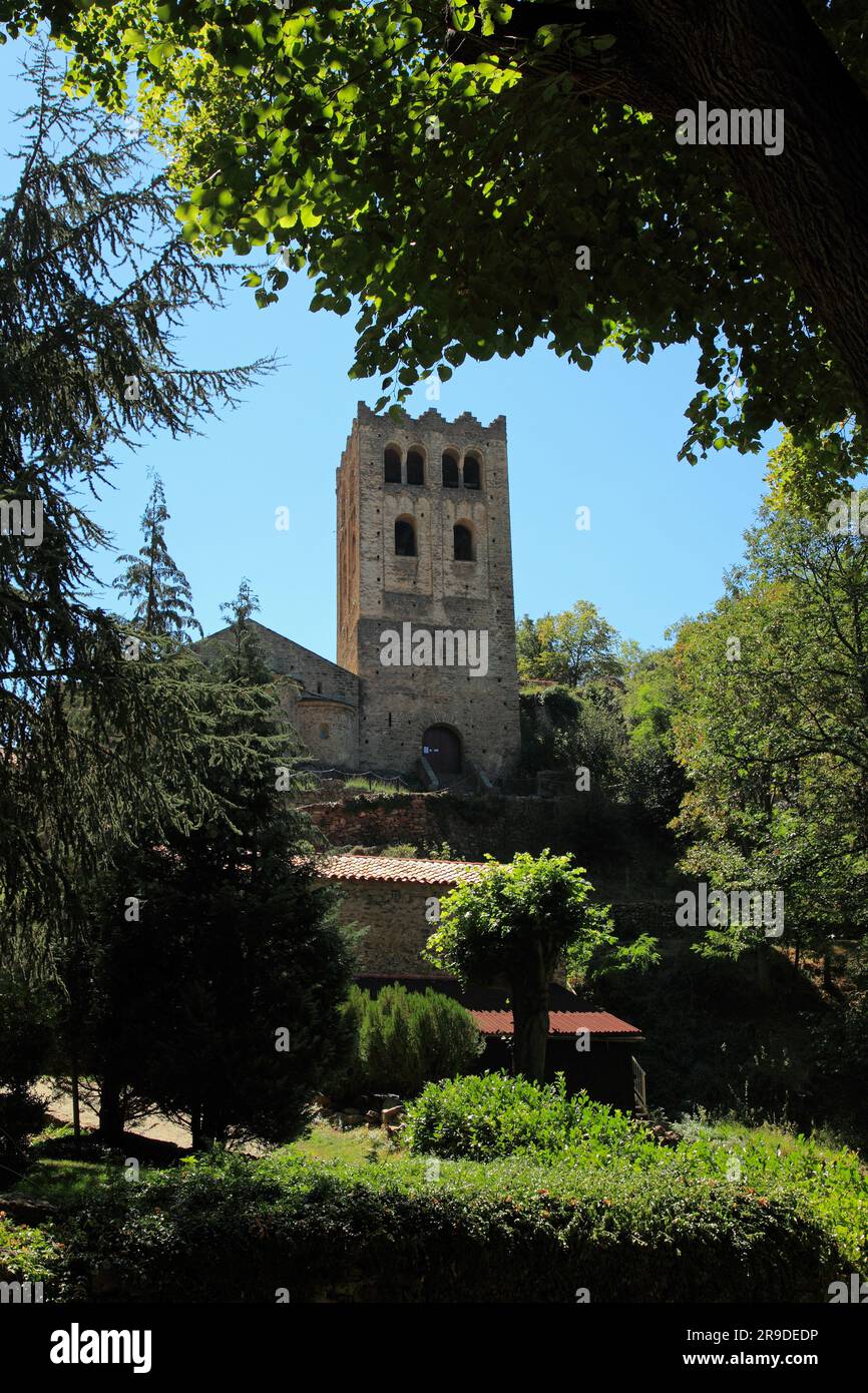 Saint-Martin-du-Canigou Abbey. Bell tower. Community of the Beatitudes. Casteil, Pyrenees-Orientales, France Stock Photo