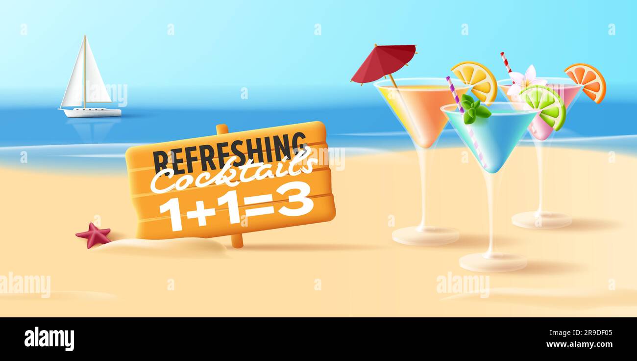Beach party poster with 3d cocktails illustration in triangle martini  glasses with umbrella and limon slices, with board promo one plus one is  three Stock Vector Image & Art - Alamy