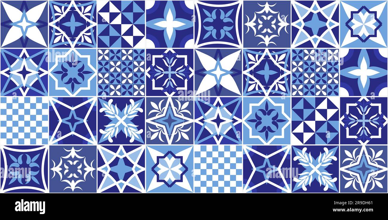 Netherlands tiles. Delft style Dutch design. Blue floor tile background. Seamless vector texture. Stock Vector