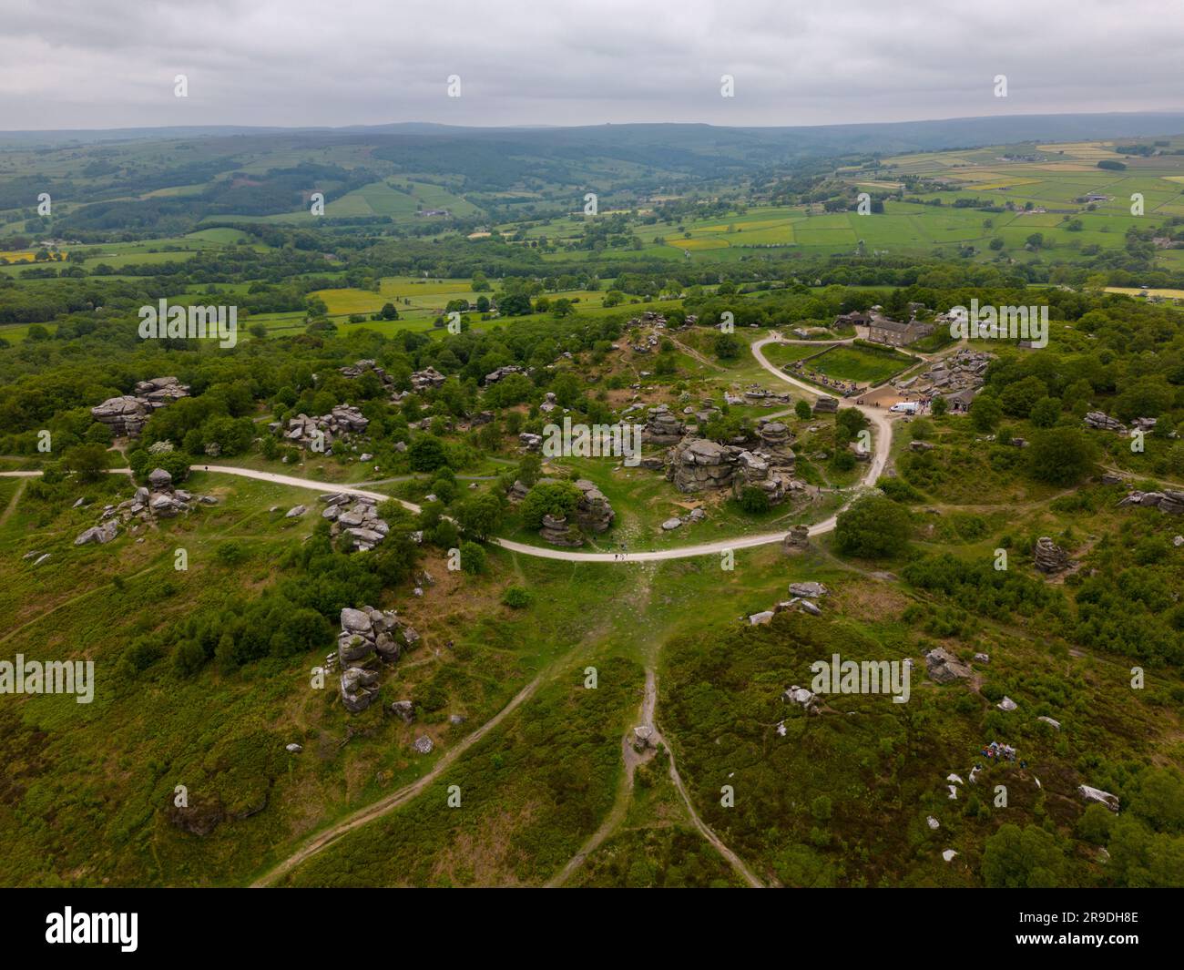 An aerial drone photo that shows the Brimham Rocks in the Yorkshire