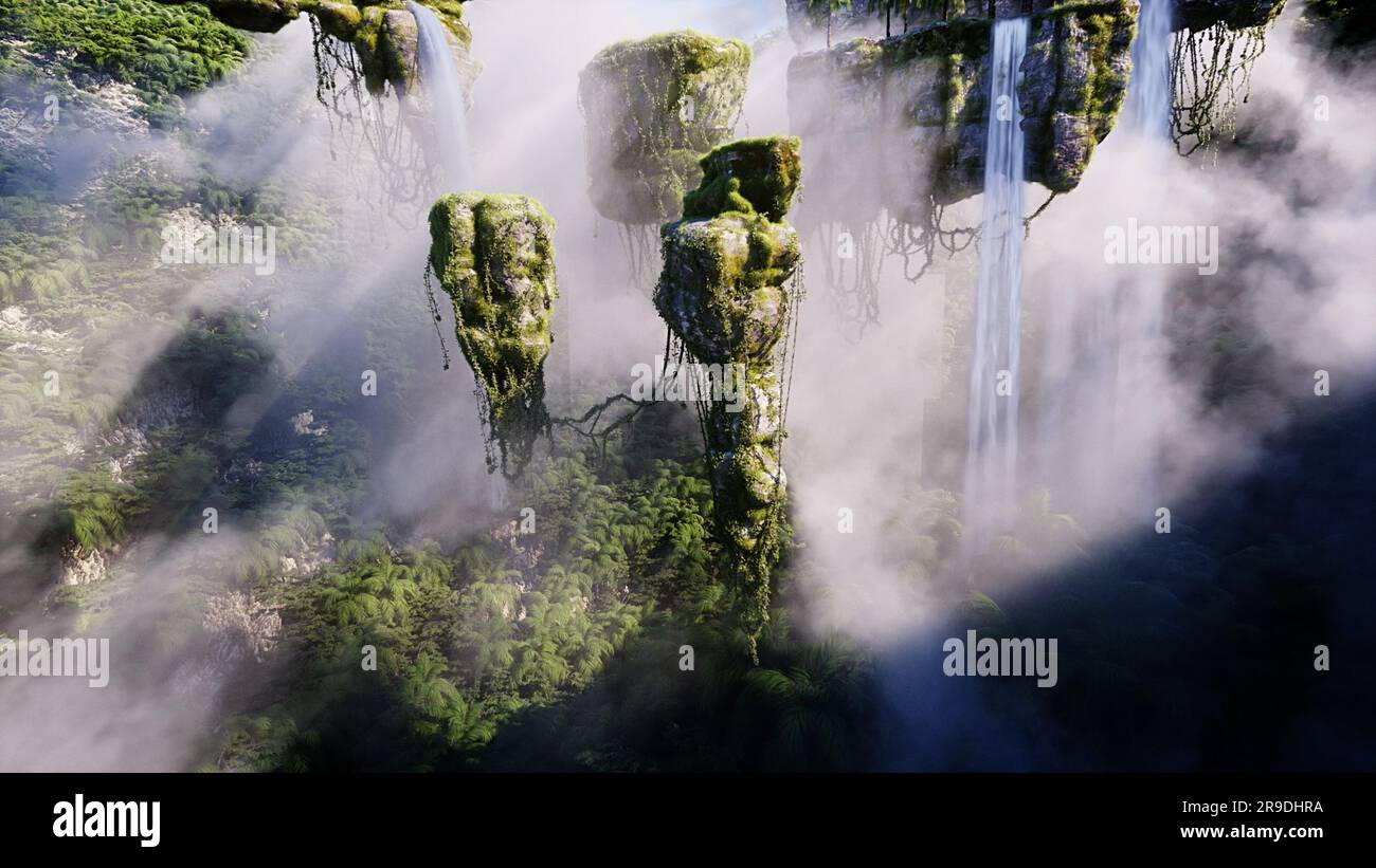 fantasy fairytale flying rocks. 3d rendering Stock Photo - Alamy