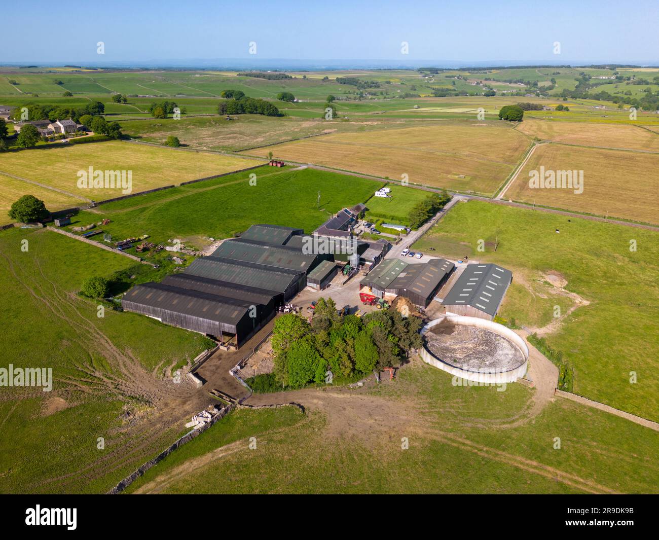 Aerial drone view of the countryside in North-Yorkshire England. There is a lot of farmland in the Yorkshire Dales. Stock Photo