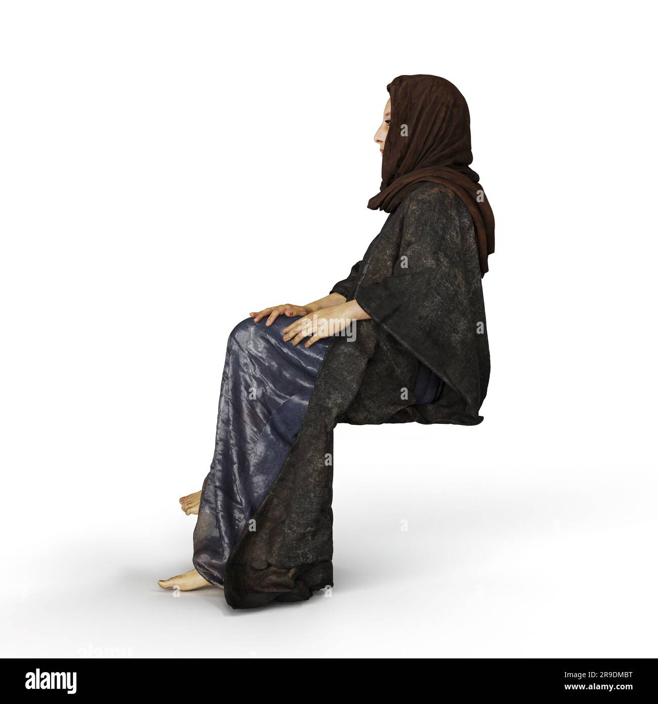 Sitting Robe A 3D render of a woman in a black headscarf and robe sitting isolated ...