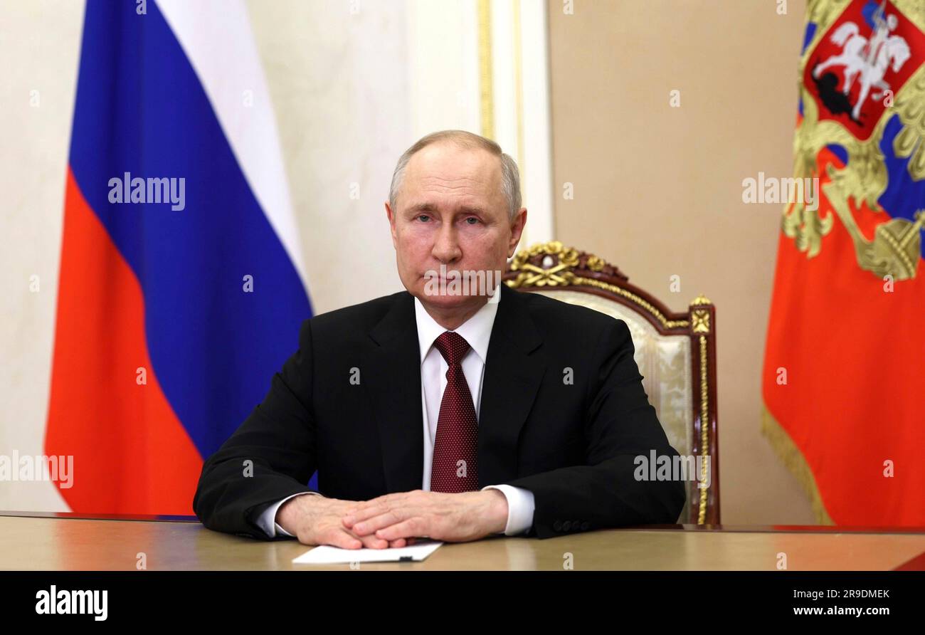 Moscow, Russia. 26th June, 2023. Russian President Vladimir Putin delivers a video address to the 11th International Youth Industrial Forum “Engineers of the Future 2023”, June 26, 2023 from an undisclosed location. The image is the first released by the Kremlin since the aborted uprising by Wagner Group mercenary leader Yevgeny Prigozhin. Credit: Gavriil Grigorov/Kremlin Pool/Alamy Live News Stock Photo