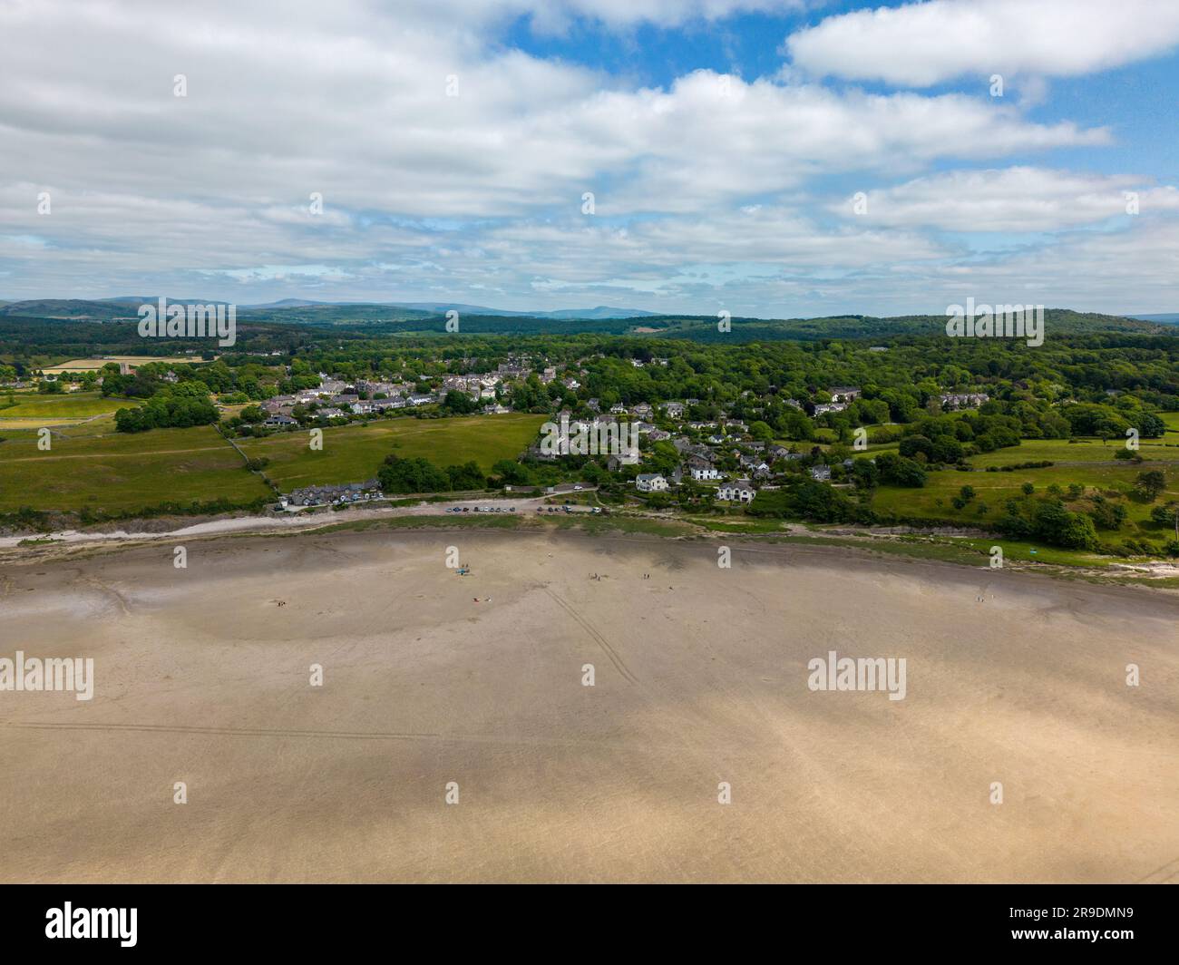 Aerial drone photo of the Morecambe Bay near Silverdale in western England. When the tides are low the beach is really big. Stock Photo