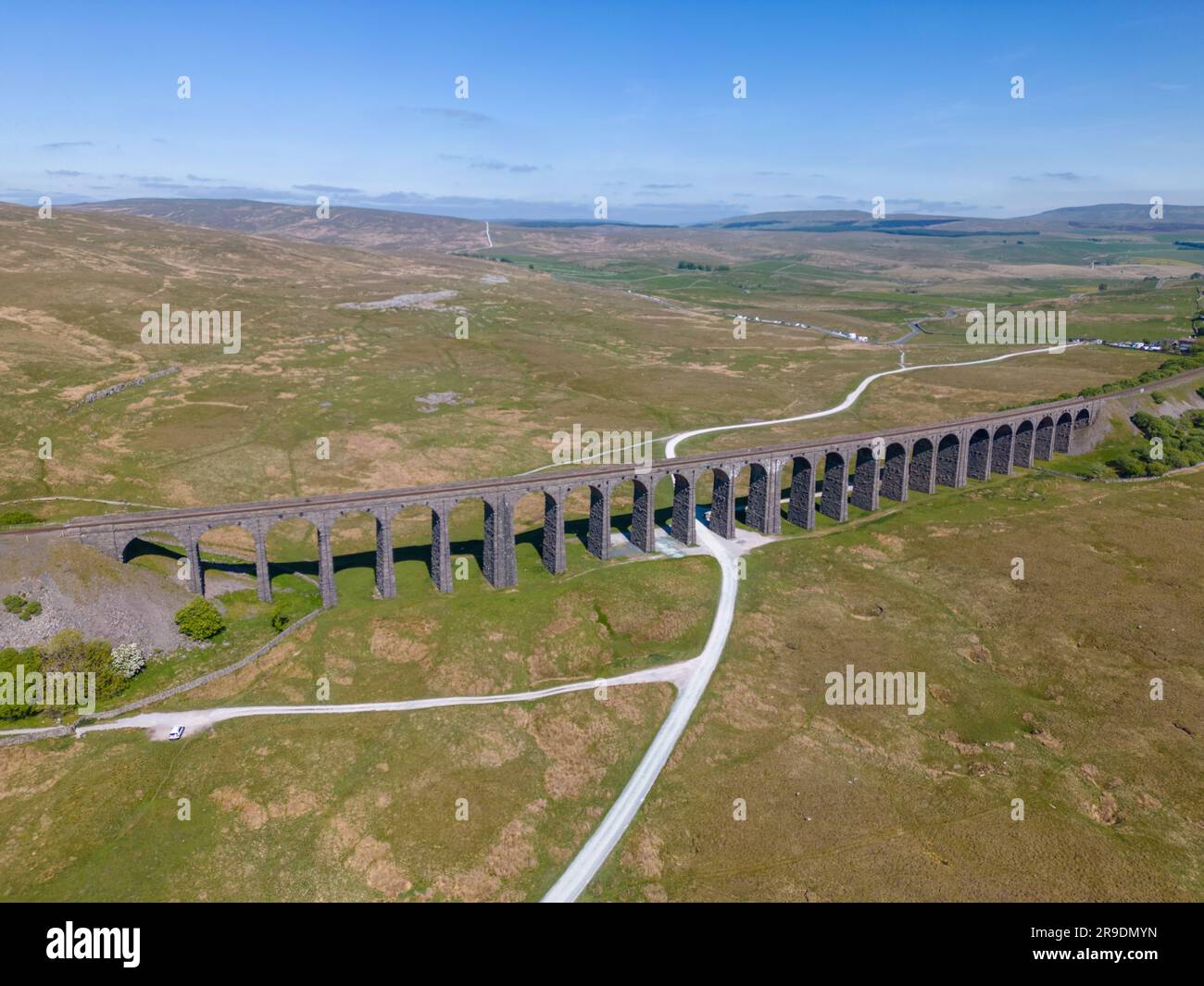 Aerial drone photo of the Ribblehead Viaduct. The large viaduct is a railway bridge in the Yorkshire Dales in England. Stock Photo