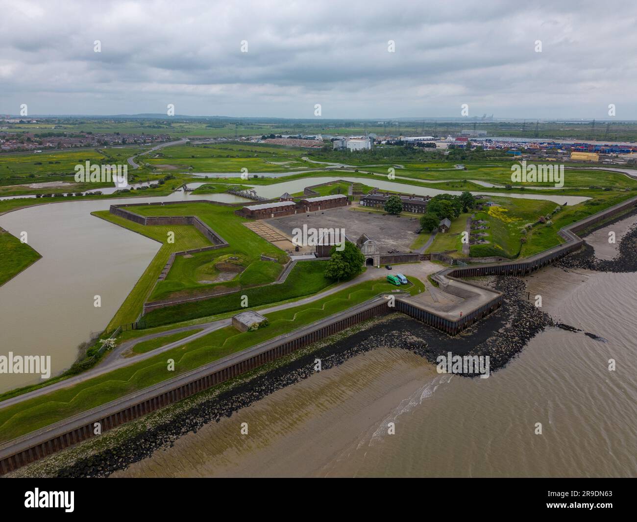 Aerial drone photo of the Tilbury Fortress. The fort is located next to the river Thames in England Stock Photo