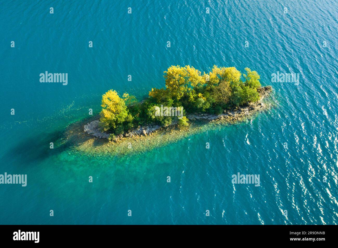 Small island (Schnittlauchinsel) in the turquoise waters of Lake Walen (Walensee). Canton St. Gallen, Switzerland Stock Photo