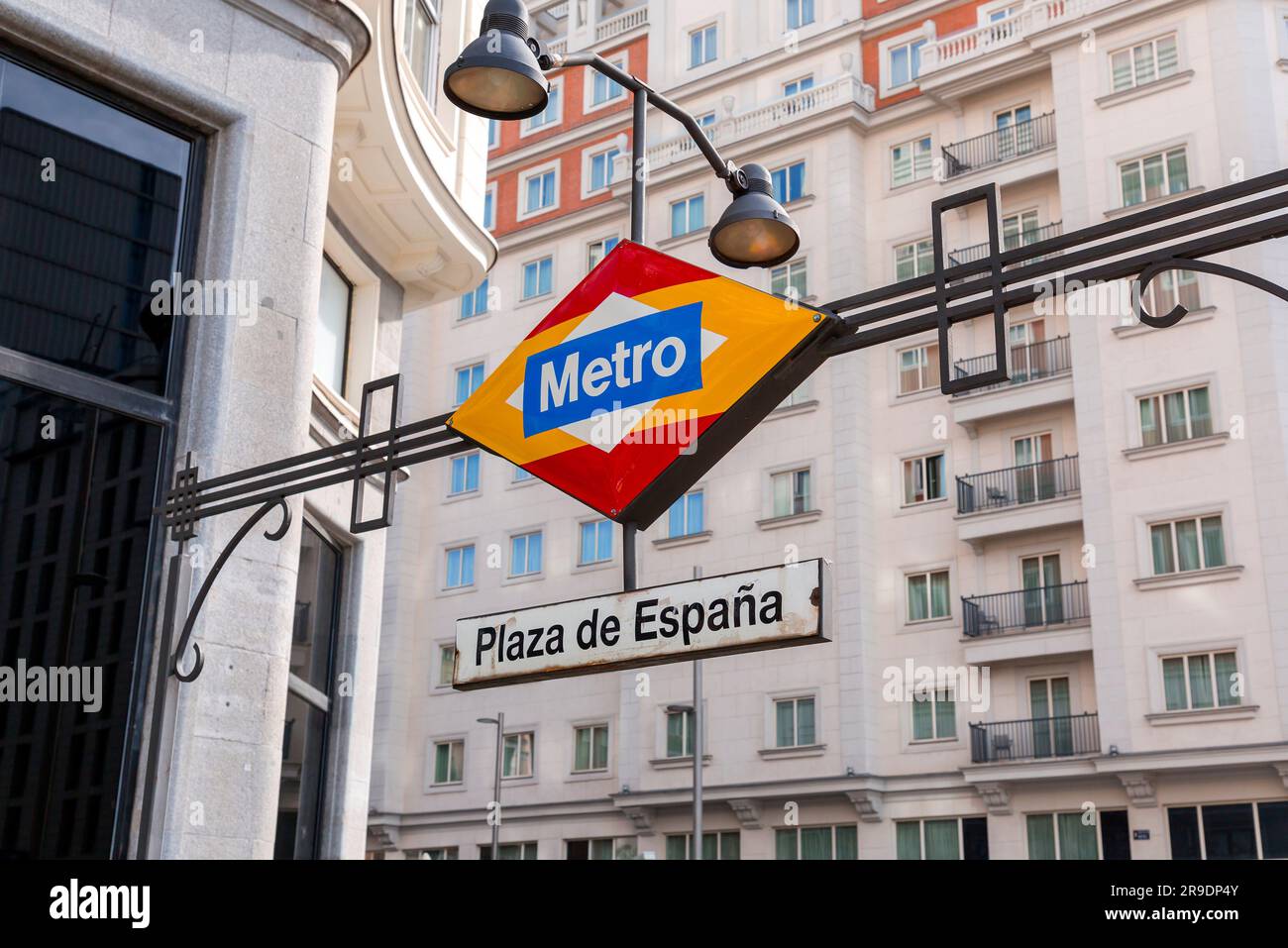 Madrid, Spain - FEB 16, 2022: Metro sign and logo at the entrance of Plaza de Espana Station in Madrid, Spain. Stock Photo