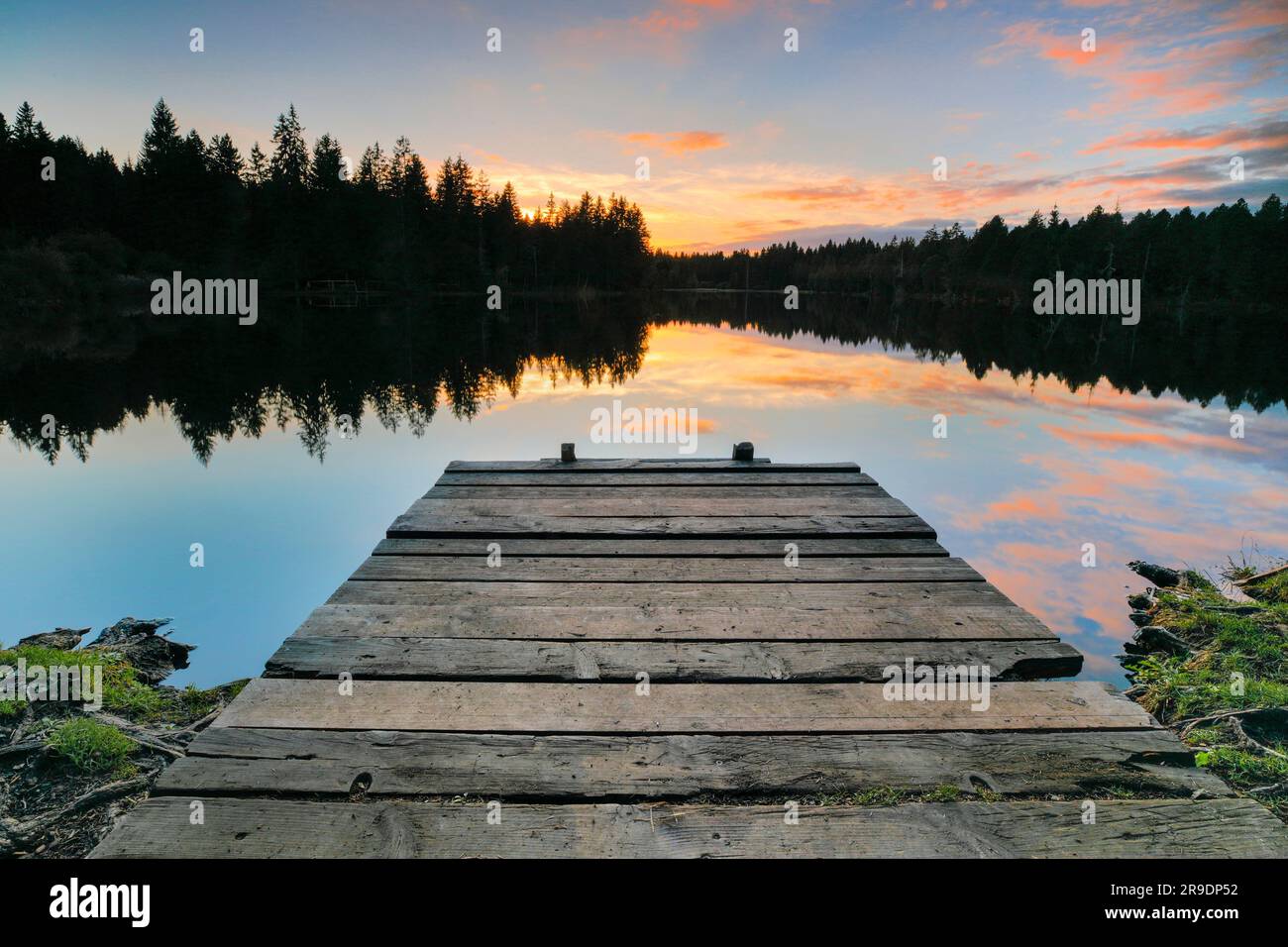 Jetty at dusk on the shore on the moorland lake Etang de la Gruere in the canton of Jura, Switzerland Stock Photo