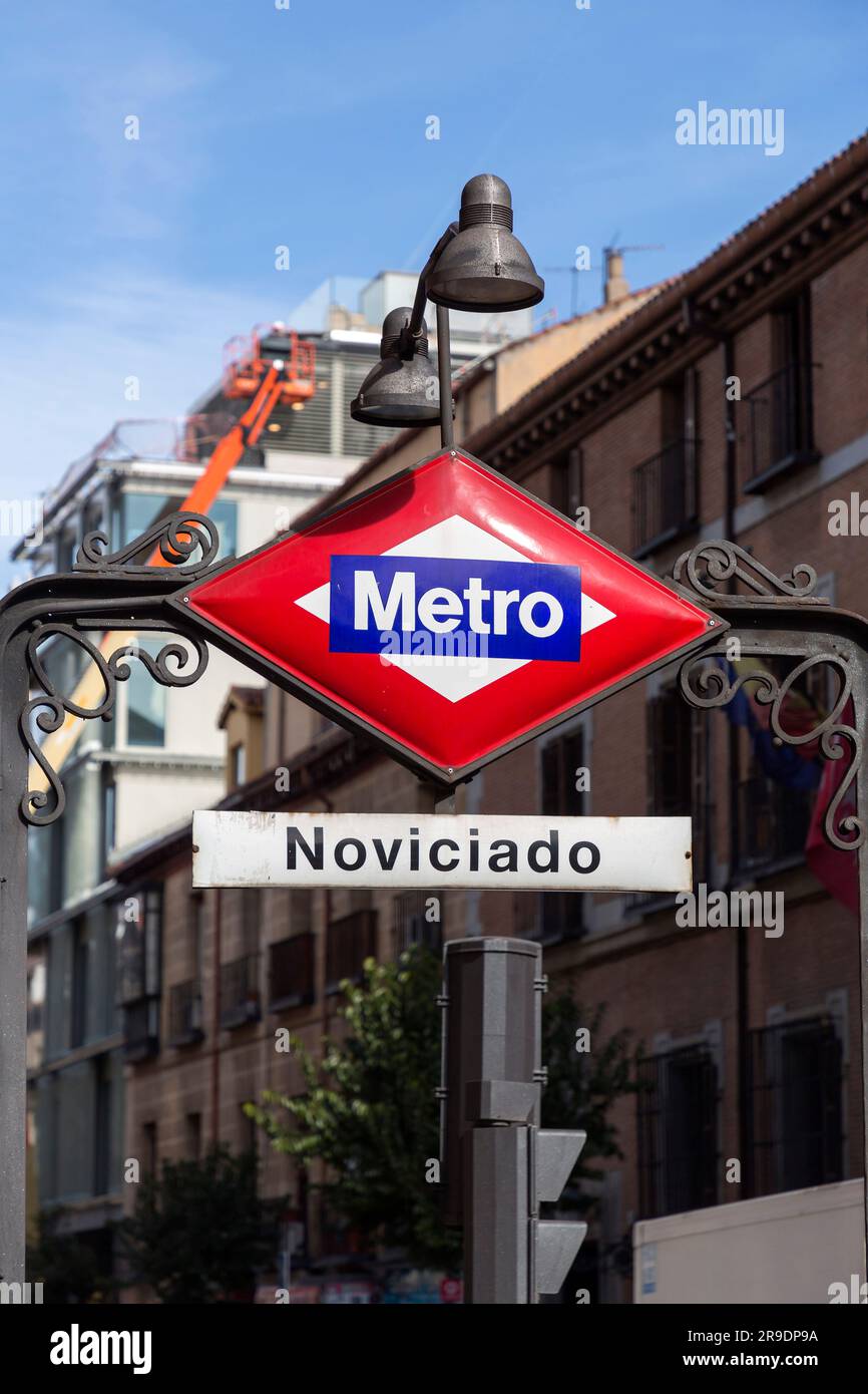 Madrid, Spain - FEB 16, 2022: Metro sign and logo at the entrance of Noviciado Station in Madrid, Spain. Stock Photo