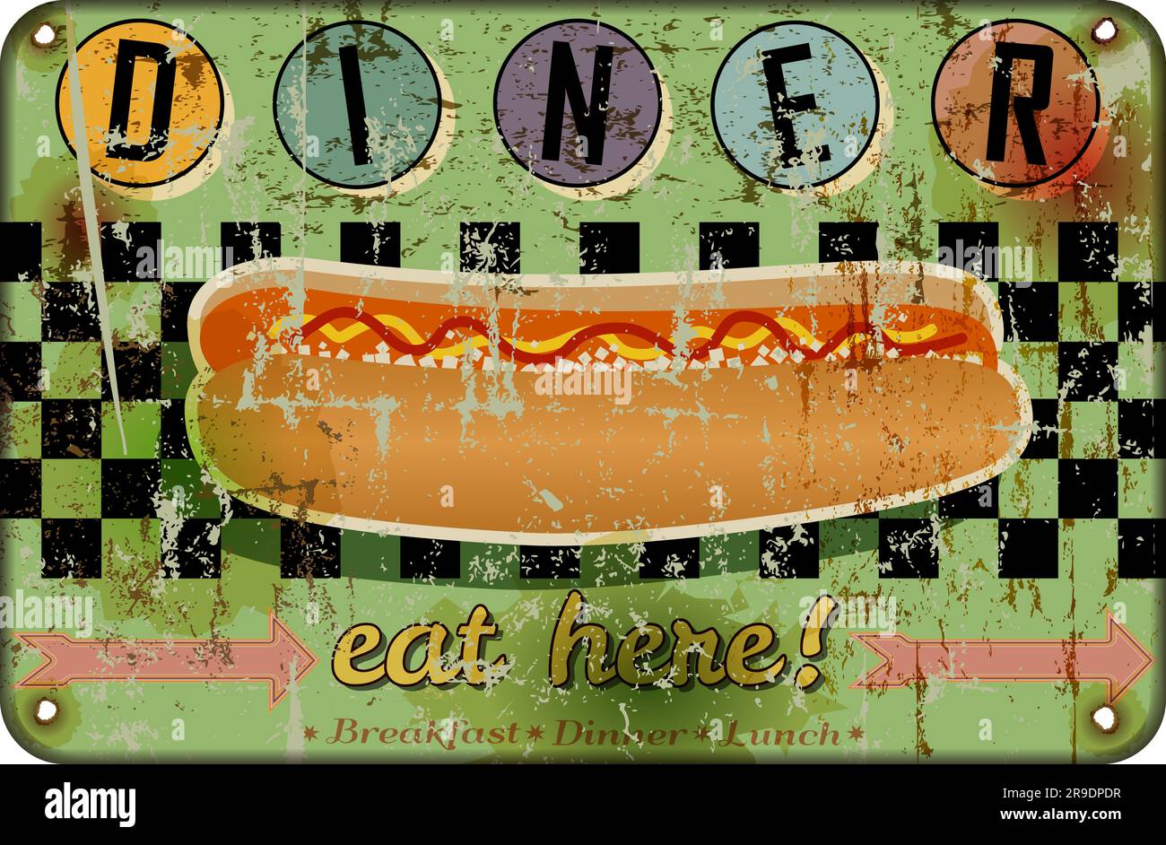 retro american diner sign with hot dog, fast food vintage sign concept, worn and weathered, vector eps Stock Vector