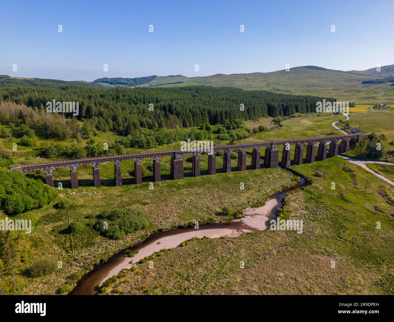 Aerial drone photo of an old railway bridge in Galloway Forest National Park in Scotland Stock Photo