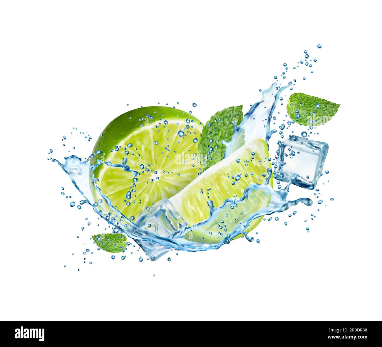 https://c8.alamy.com/comp/2R9DR38/realistic-mojito-drink-lime-fruit-mint-leaves-ice-cubes-and-splash-3d-vector-beverage-explosion-with-citrus-slices-water-drops-peppermint-and-frozen-icy-blocks-liquid-cocktail-or-cold-tea-flow-2R9DR38.jpg
