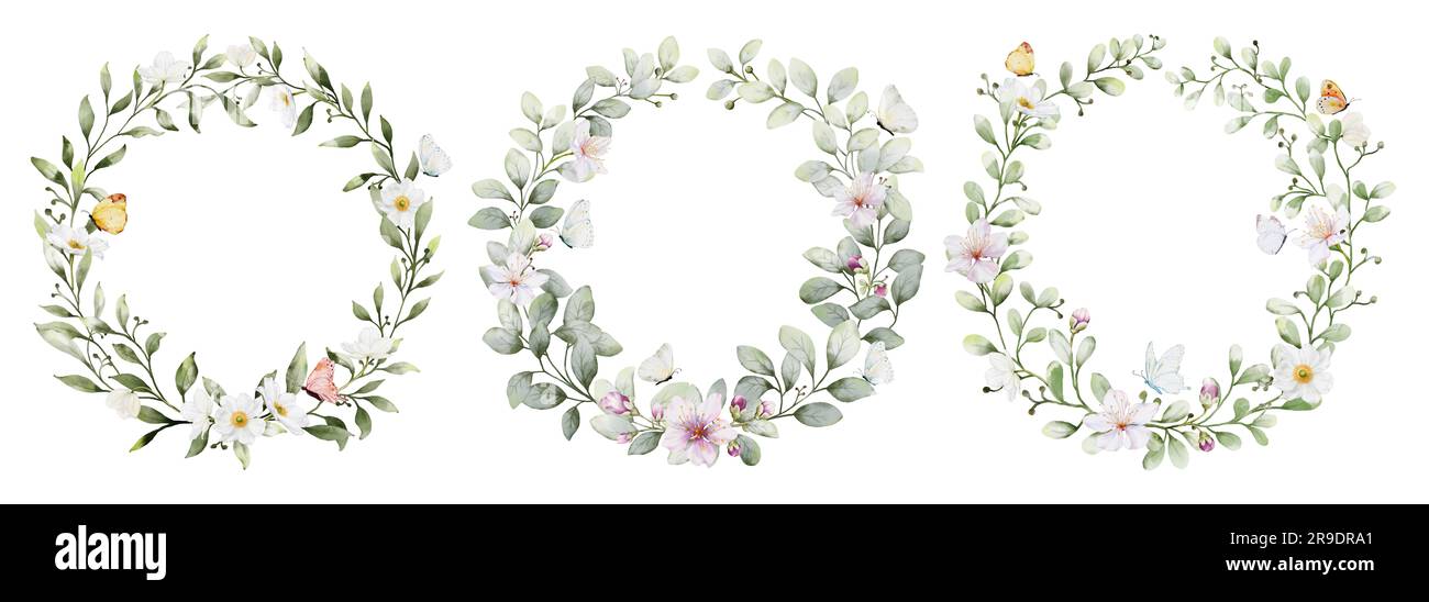 Set of watercolor wreaths with flowers, leaves and butterflies ...