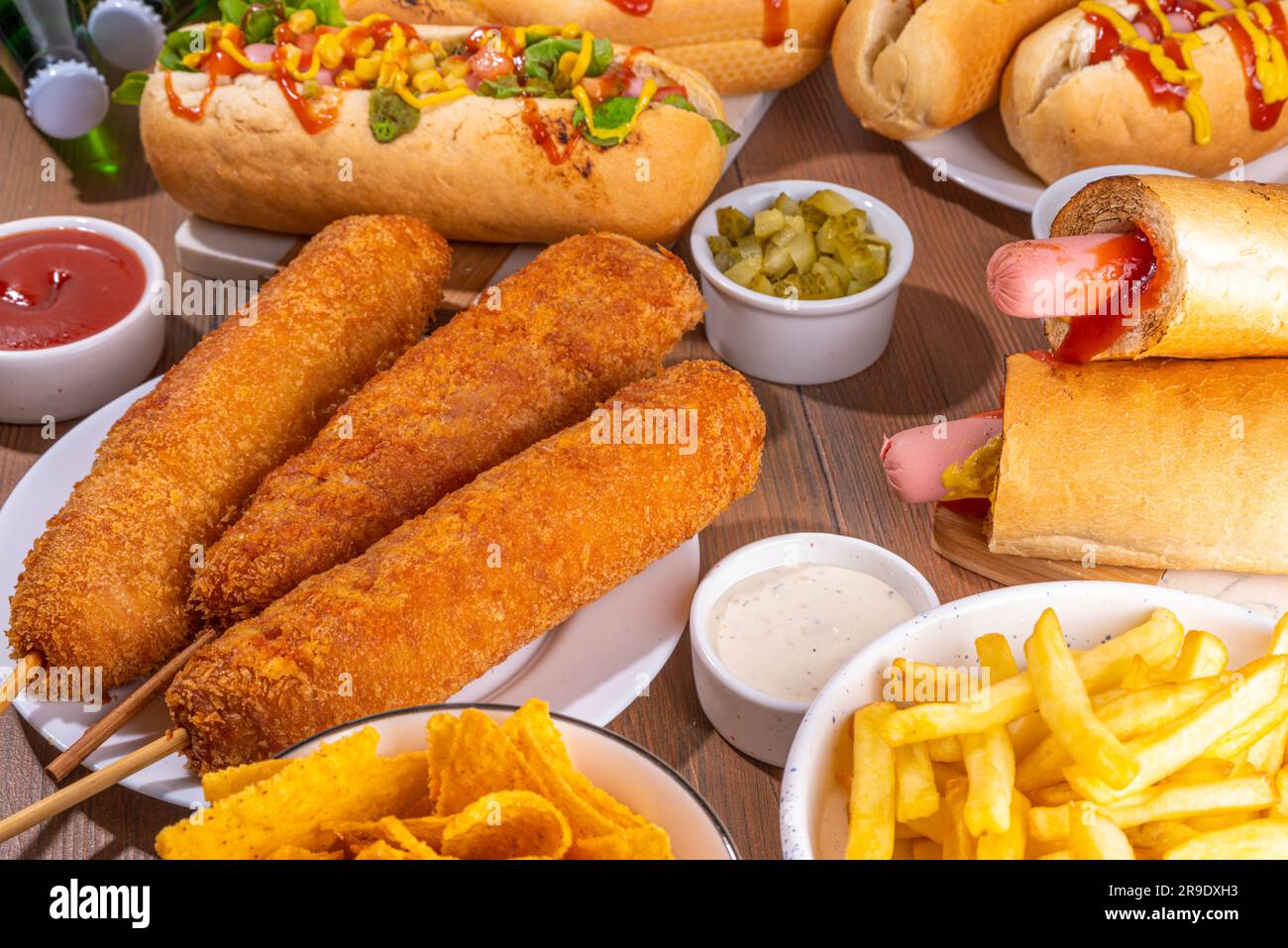 National Hot Dogs day background, hotdog summer party festival foods