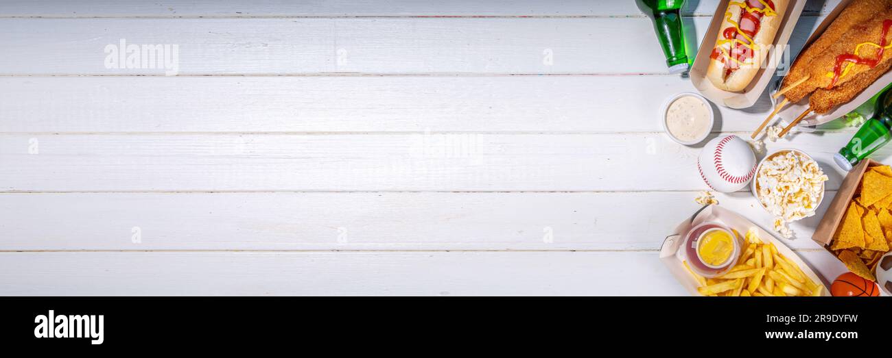 Traditional sport stadium foods and beer background, Set of various
