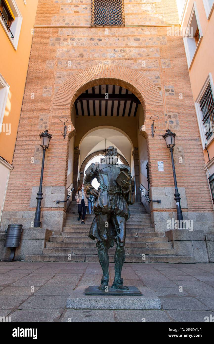 Toledo, SpainFEB 17, 2022 Statue of Cervantes by the Arco de la