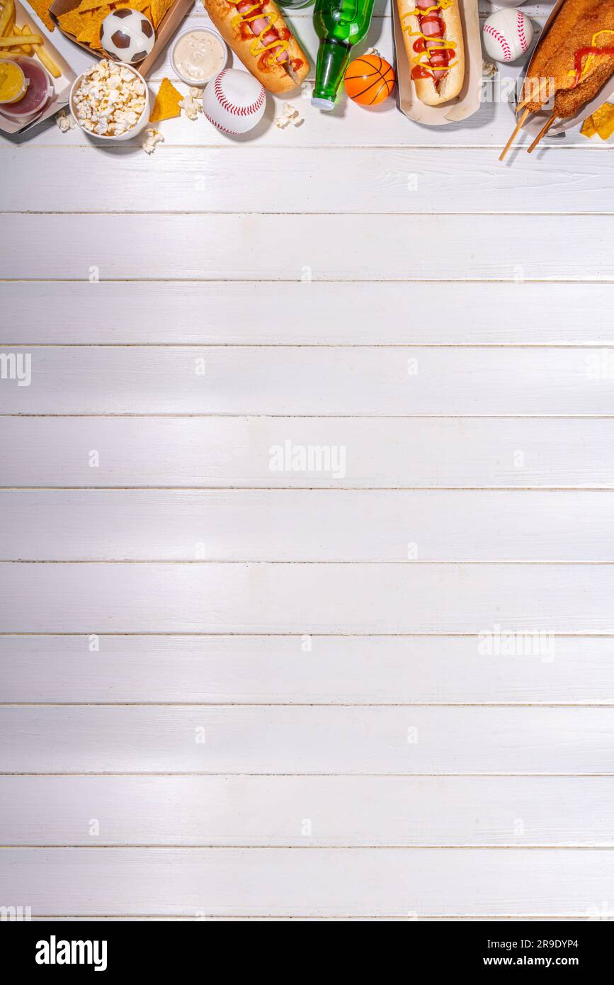 Traditional sport stadium foods and beer background, Set of various