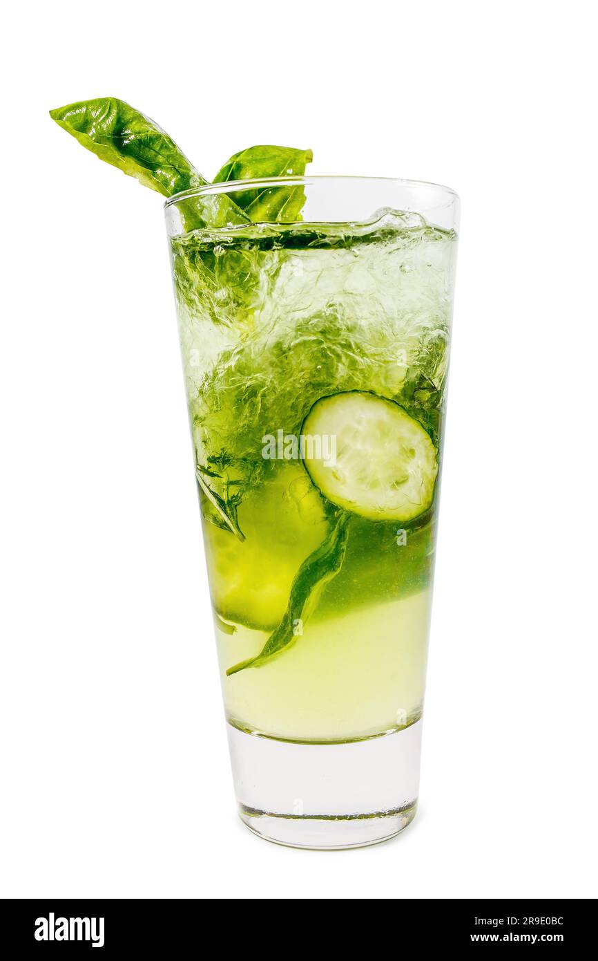 A tall, cold glass of refreshing mojito with citrus slices and mint leaves, a perfect summer treat. Stock Photo