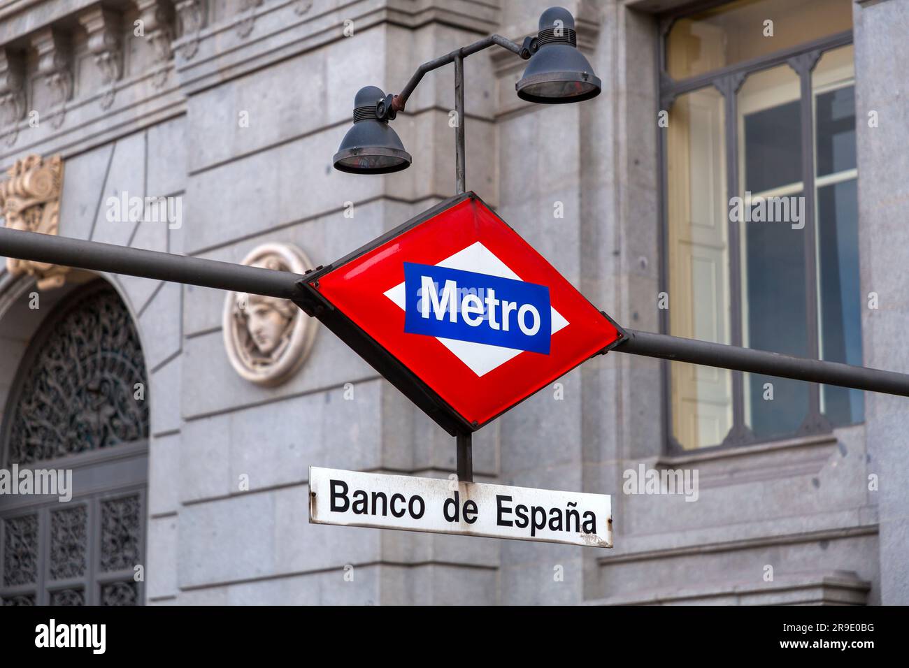 Madrid, Spain - FEB 16, 2022: Metro sign and logo at the entrance of Banco de Espana Station in Madrid, Spain. Stock Photo