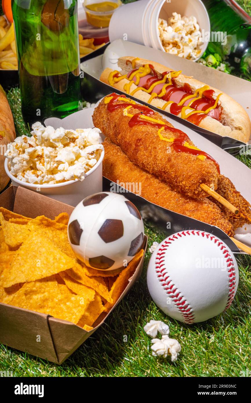 Traditional sport stadium foods and beer background, Set of various