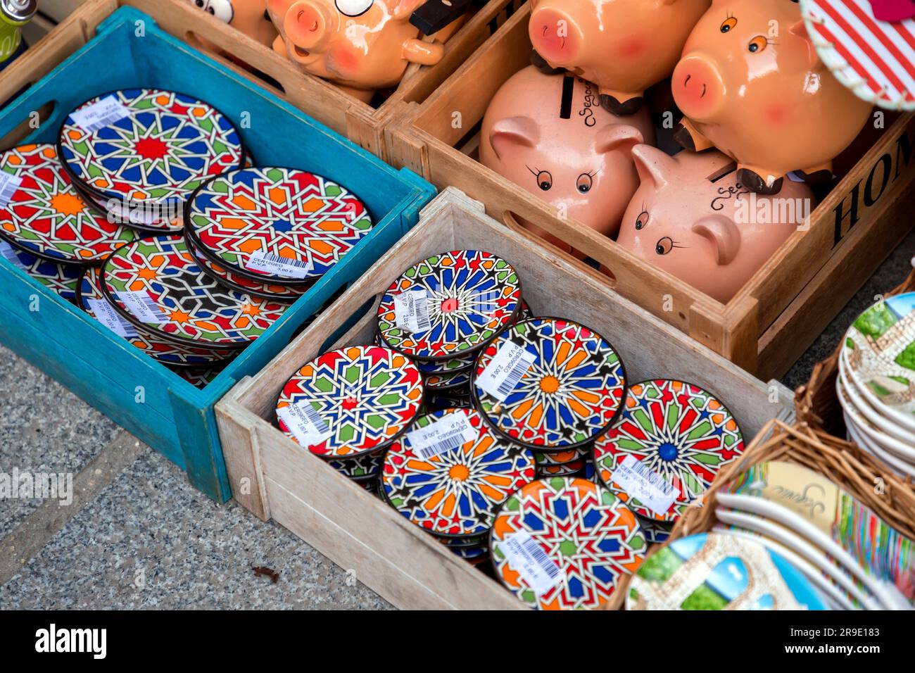 Segovia, Spain - February 18, 2022: Traditional touristic souvenirs of Segovia sold at a giftshop in Segovia. Stock Photo