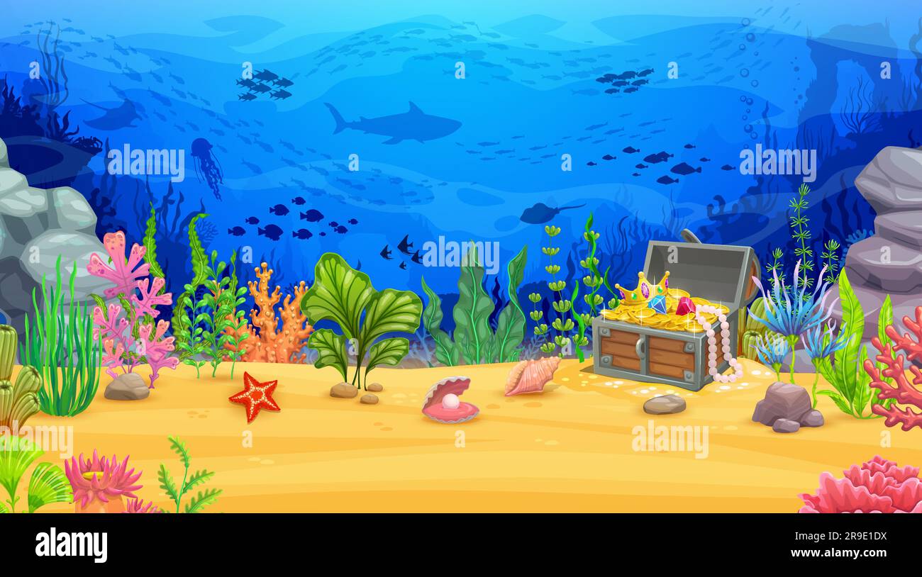 Cartoon sea underwater landscape. Treasure chest, animal and fish shoal