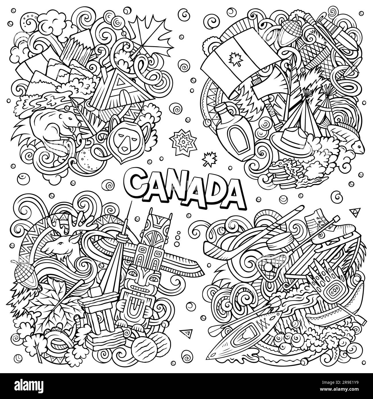 Canada cartoon vector doodle designs set. Sketchy detailed compositions with lot of canadian objects and symbols. Stock Vector