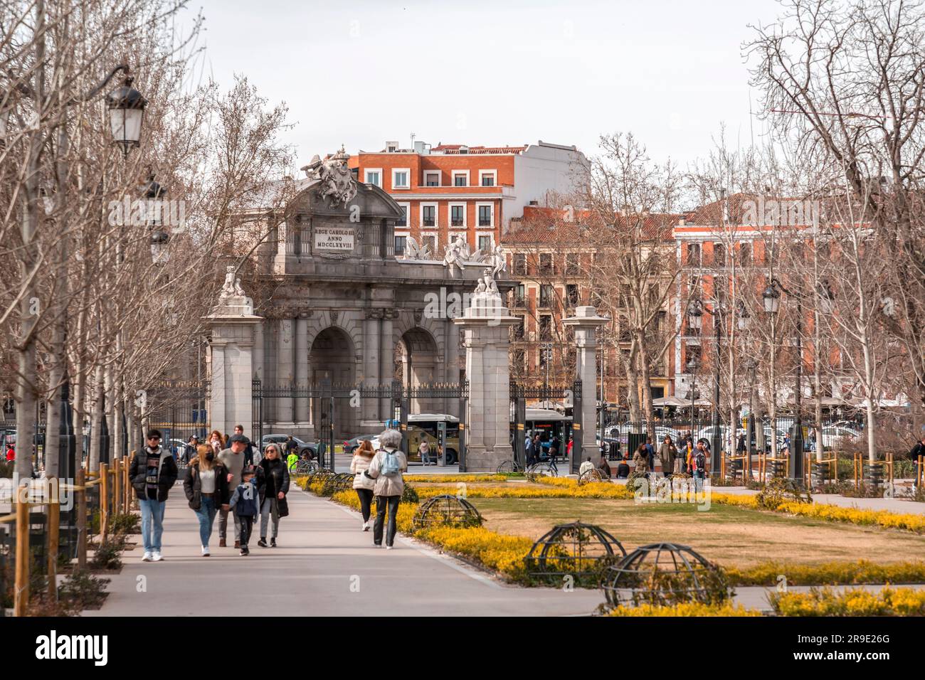 Madrid, Spain - Feb 16, 2022: The Puerta de Alcala is a Neoclassical gate in the Plaza de la Independencia in Madrid, Spain. Stock Photo