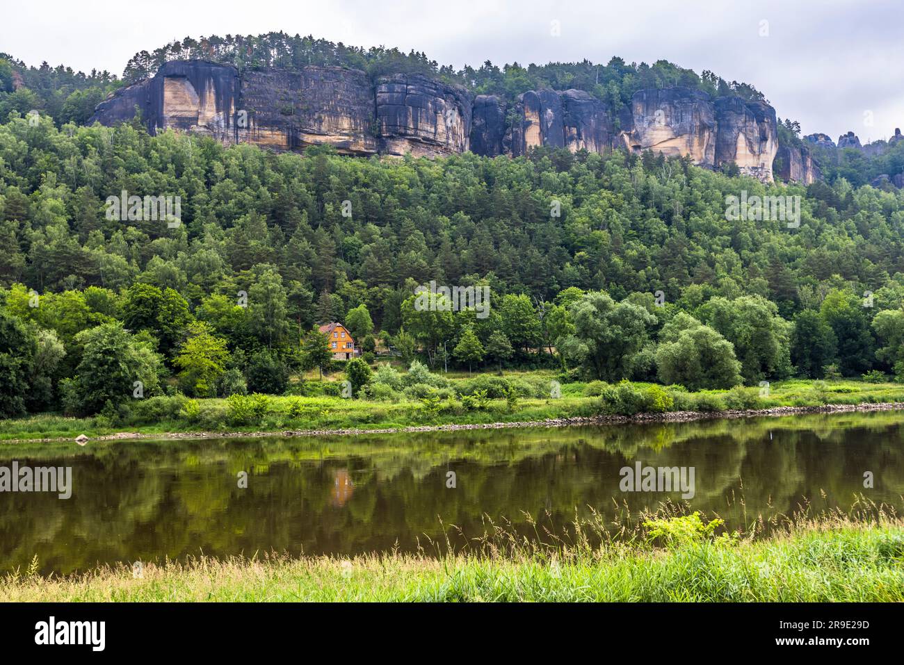 Elbe near Krippen with Elbe sandstone formations. Bad Schandau, Germany Stock Photo