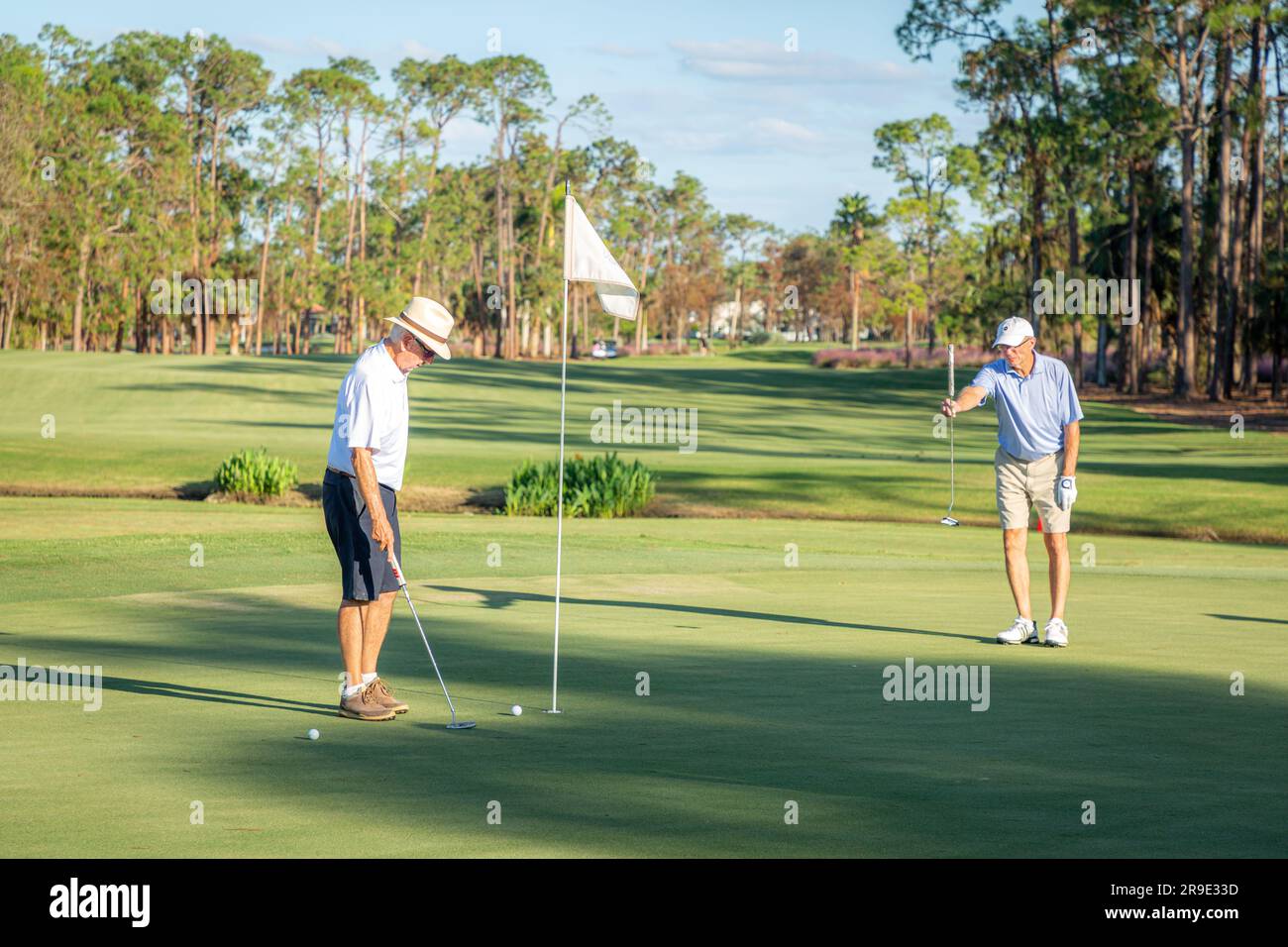 Two older men setting up a putt on the green, Quail Creek Country Club, Naples, Florida, USA Stock Photo