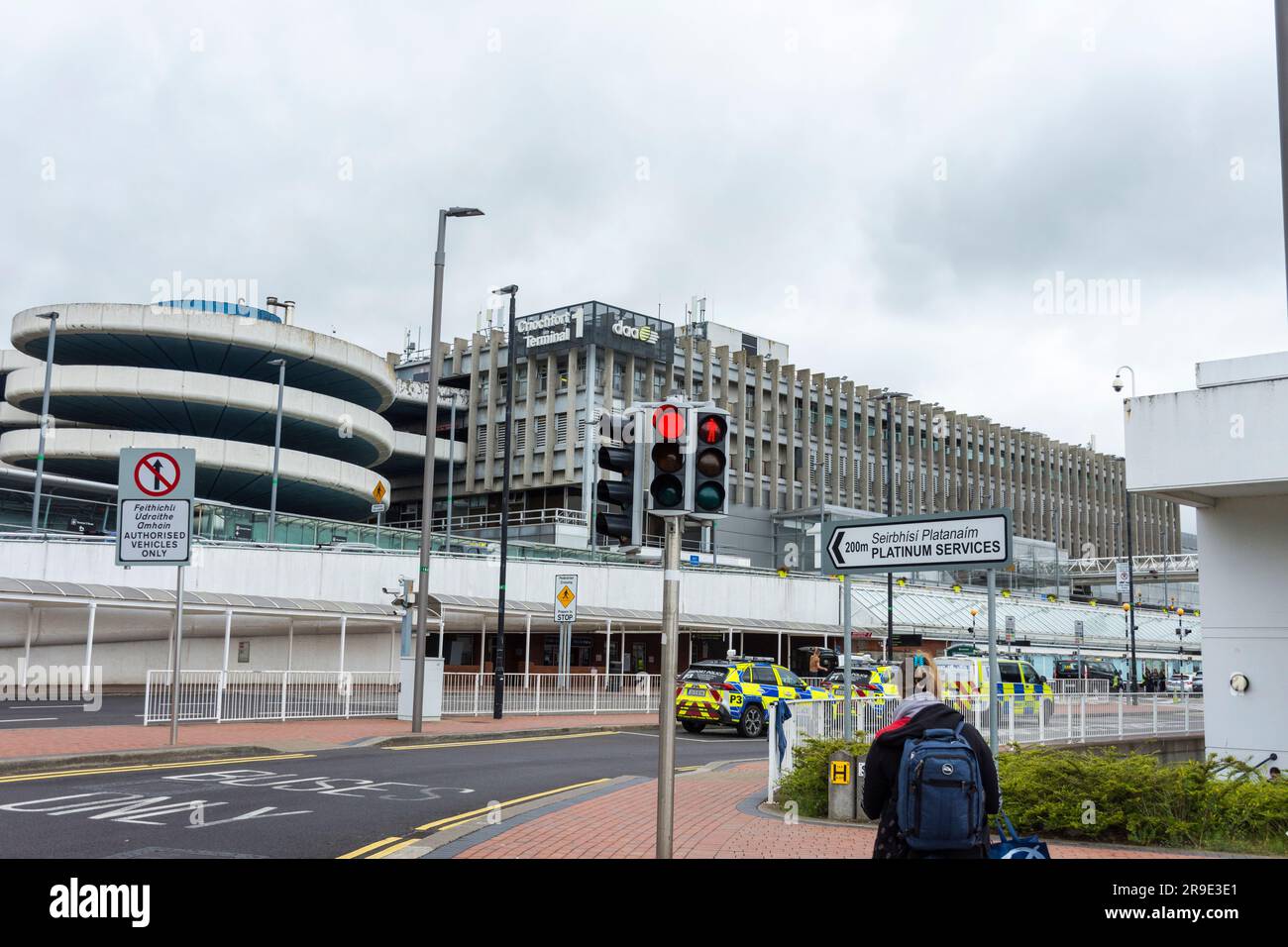 Dublin Airport, terminal one and airport police vehicles Stock Photo