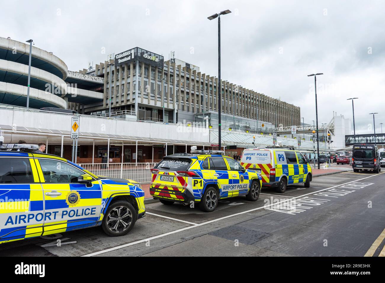 Dublin Airport, terminal one and airport police vehicles. Stock Photo