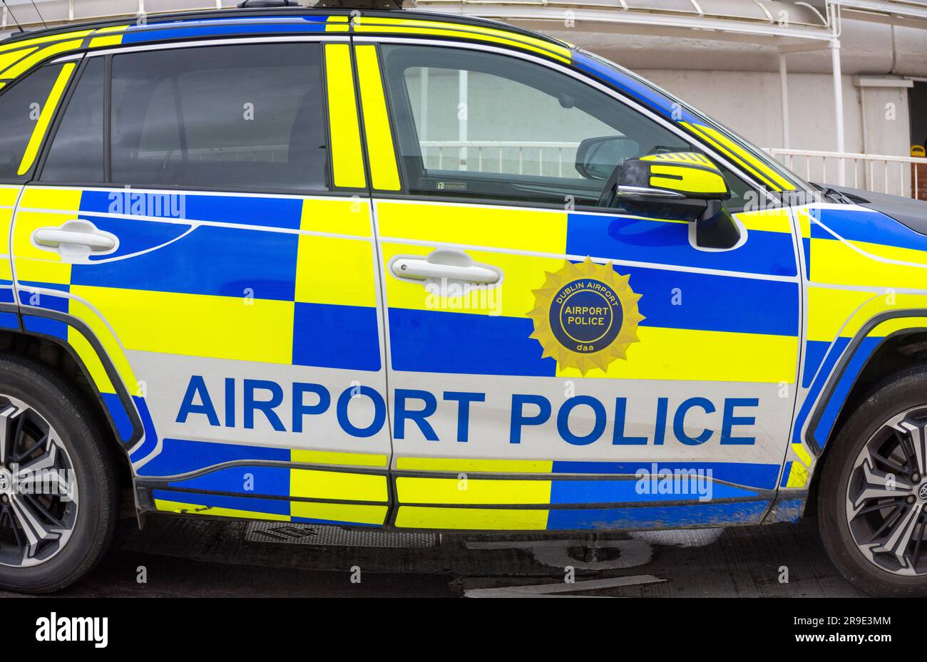 Dublin Airport, terminal one and airport police vehicles Stock Photo