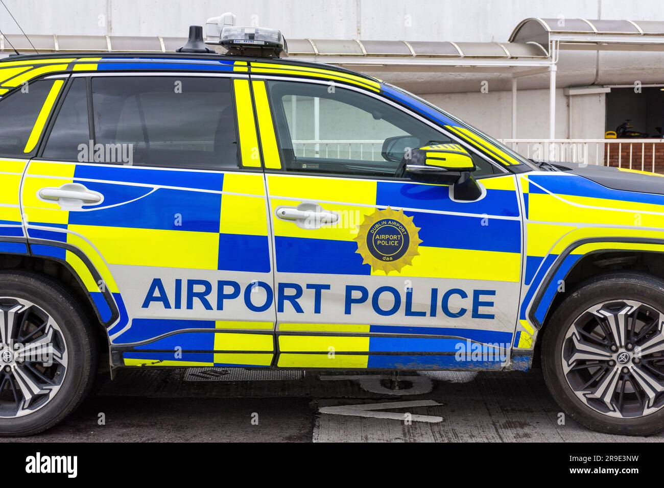 Dublin Airport, terminal one and airport police vehicles Stock Photo