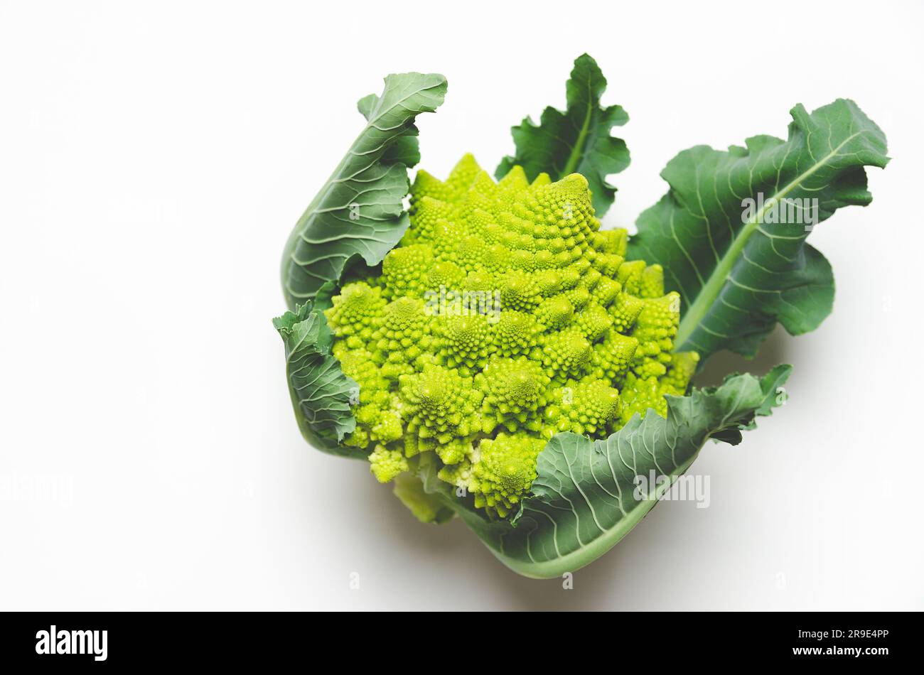 Romanesco broccoli with leaves on white background with copy space. Stock Photo