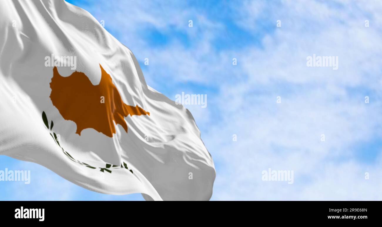 Cyprus national flag waving in the wind on a clear day. White with a copper-orange island silhouette and two green olive branches below it. 3d illustr Stock Photo