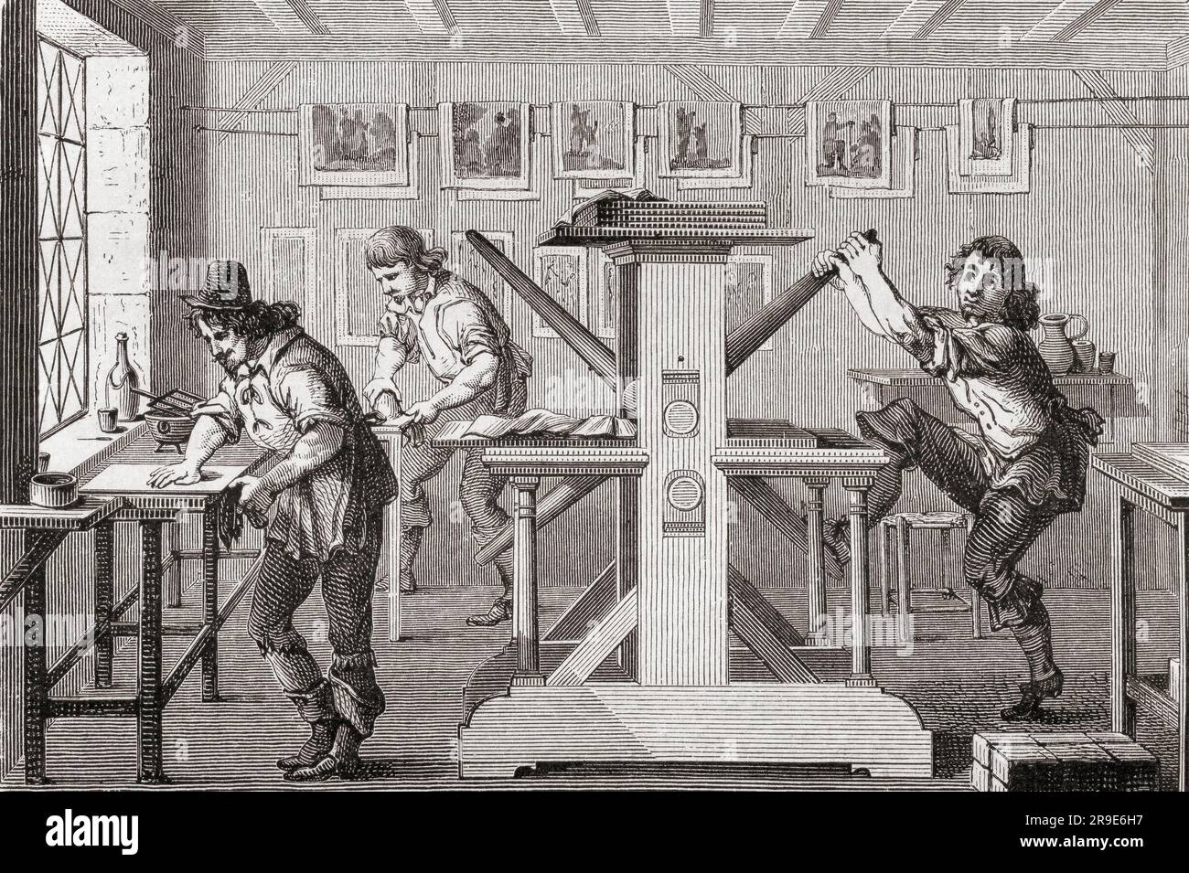 The Intaglio Printer, after a work by A. Bosse.  From Histoire de La Gravure, published 1880 Stock Photo