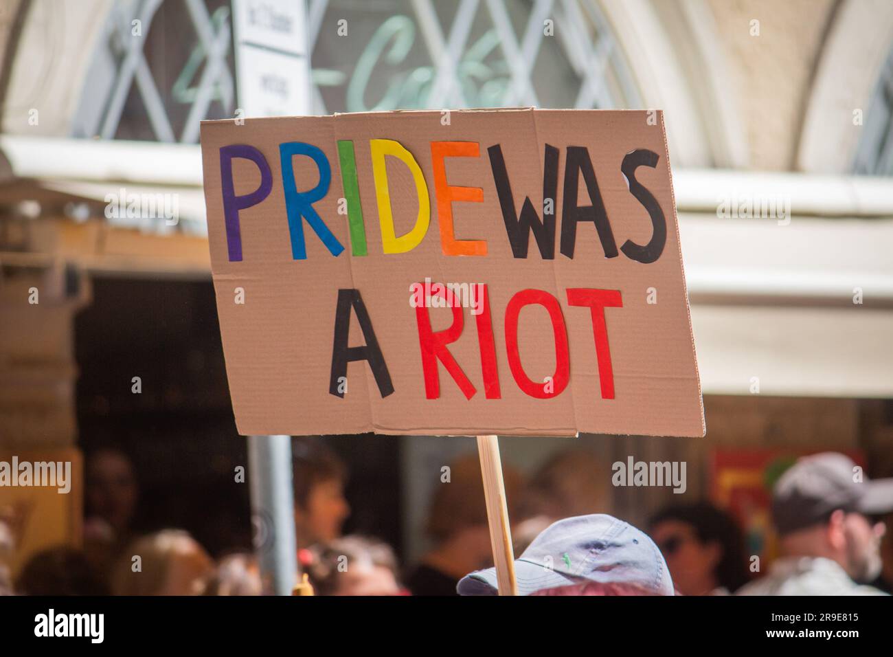 Munich, Germany, 24 June 2023: A sign says: 'Pride was a riot' during the Gay Pride celebration in Munich Stock Photo