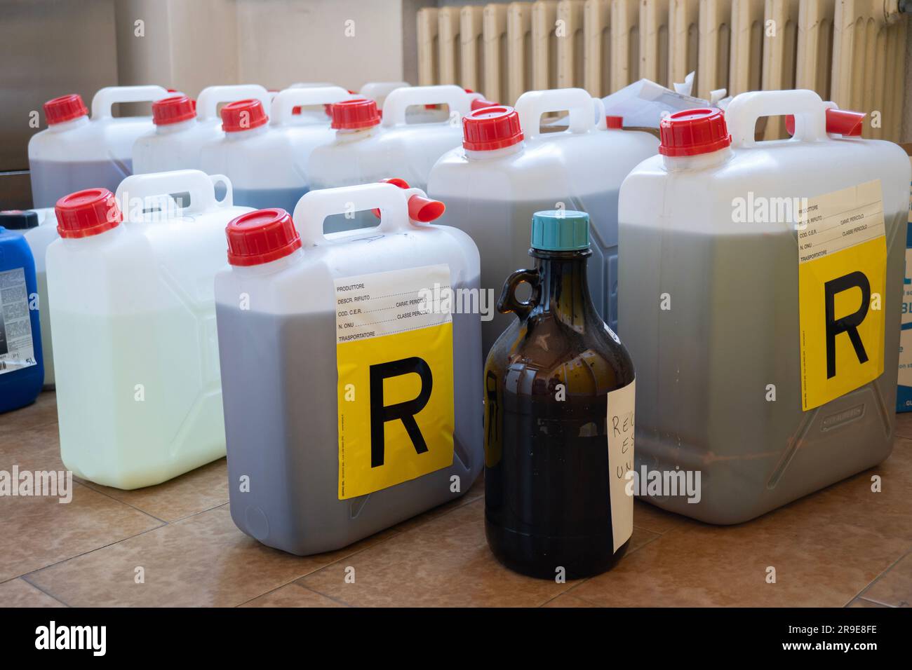 Toxic waste in jerry cans in the chemistry laboratory Stock Photo