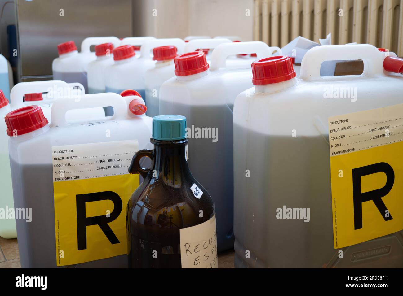 Toxic waste in jerry cans in the chemistry laboratory Stock Photo