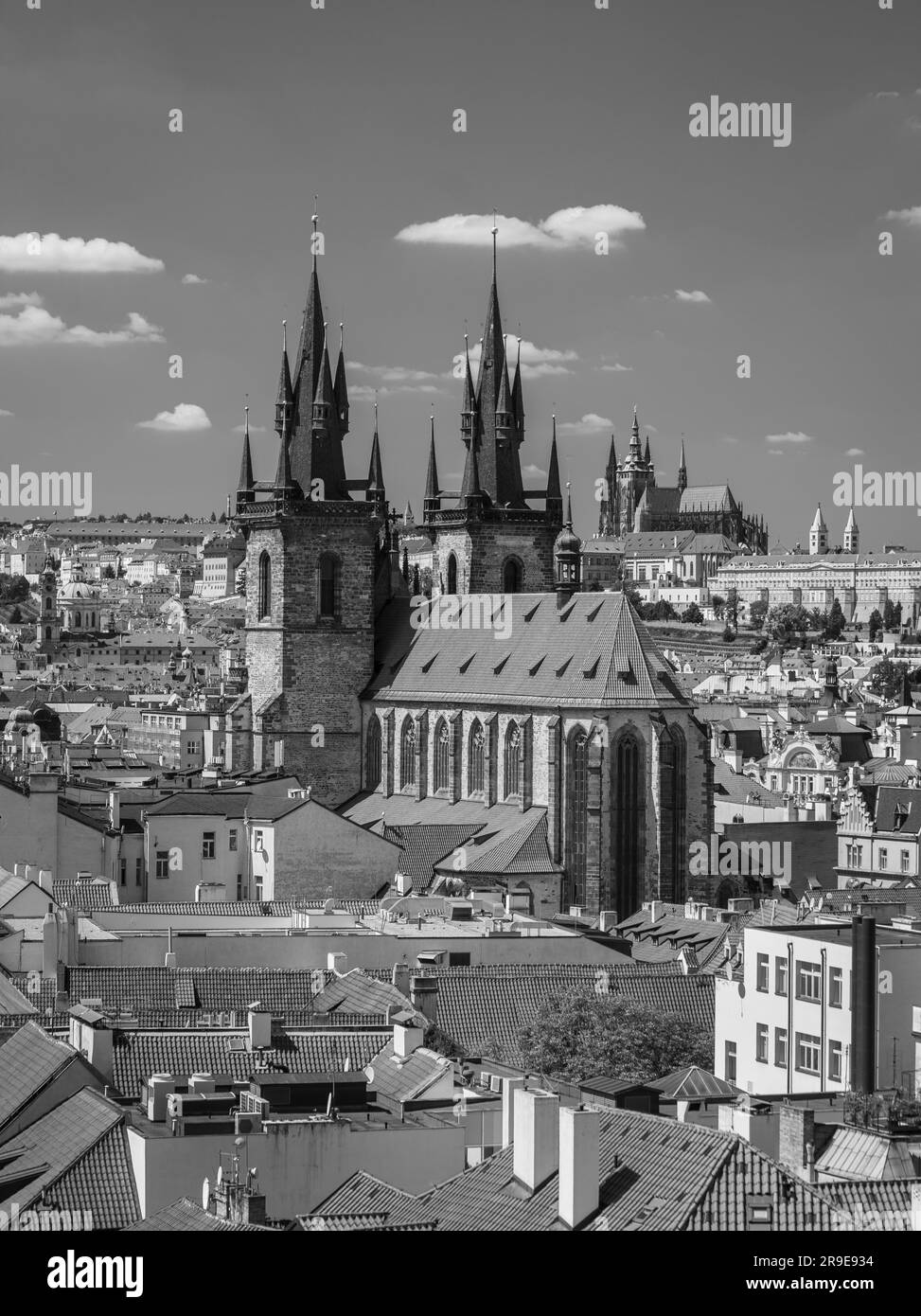 PRAGUE, CZECH REPUBLIC, EUROPE - Prague skyline including Church of Our Lady Before Tyn, and in distance St. Vitus Cathedral and Prague Castle. Stock Photo