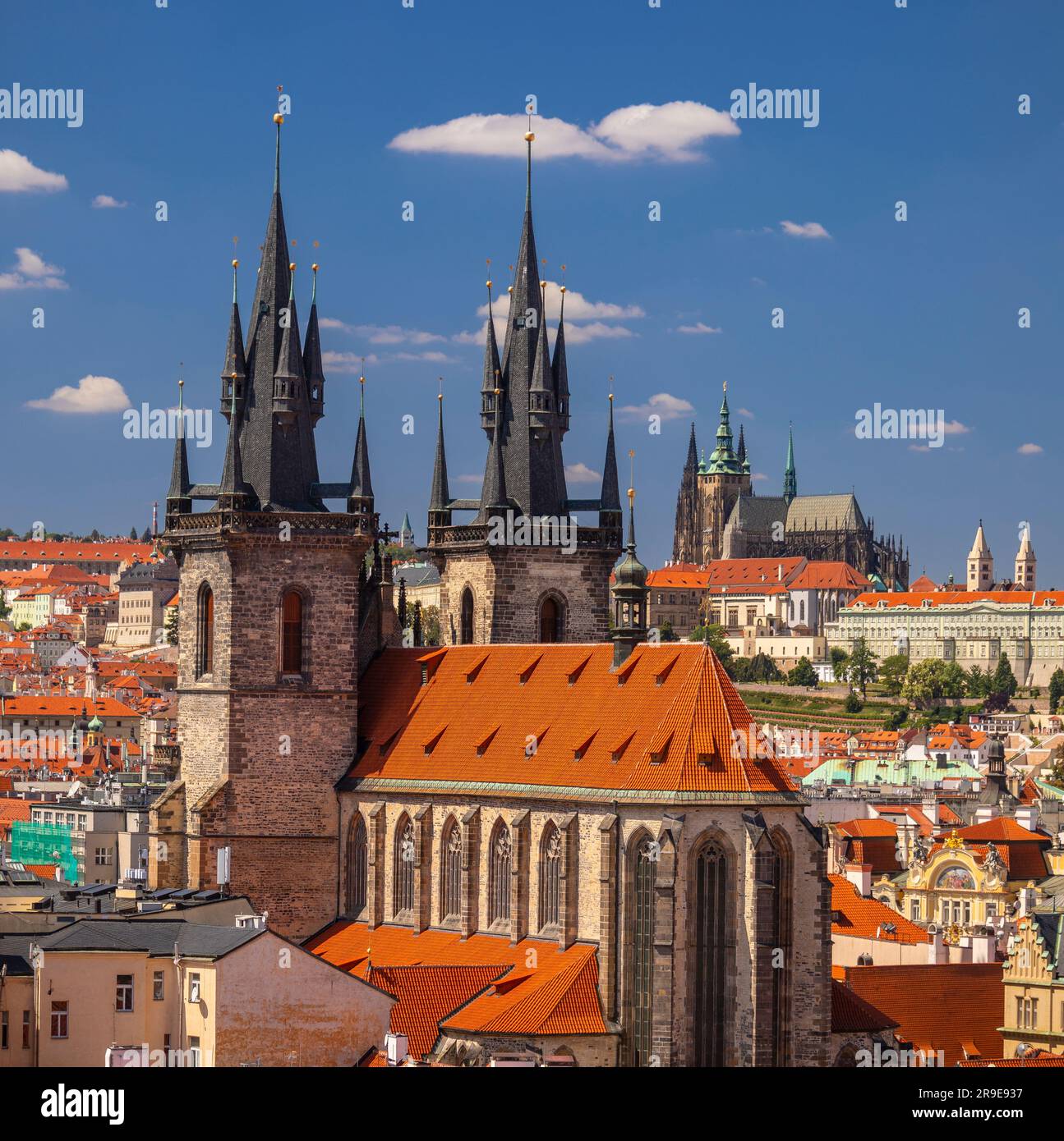 PRAGUE, CZECH REPUBLIC, EUROPE - Prague skyline including Church of Our Lady Before Tyn, and in distance St. Vitus Cathedral and Prague Castle. Stock Photo