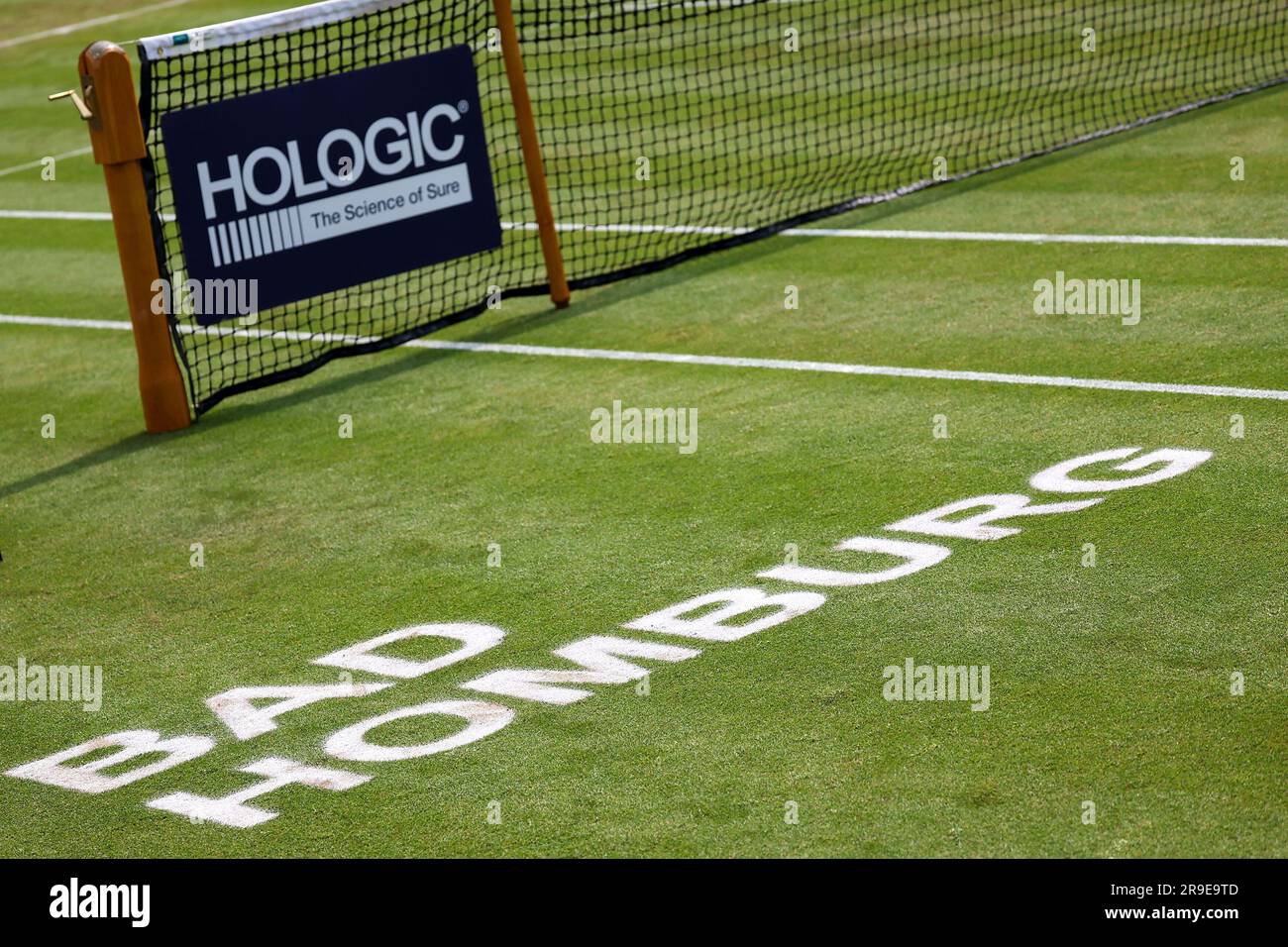 Bad Homburg, Germany. 26th June, 2023. Tennis: WTA Tour, singles, women, 1st round, Friedsam from Germany against Sherif from Egypt. 'Bad Homburg' is written on the grass. Credit: Joaquim Ferreira/dpa/Alamy Live News Stock Photo