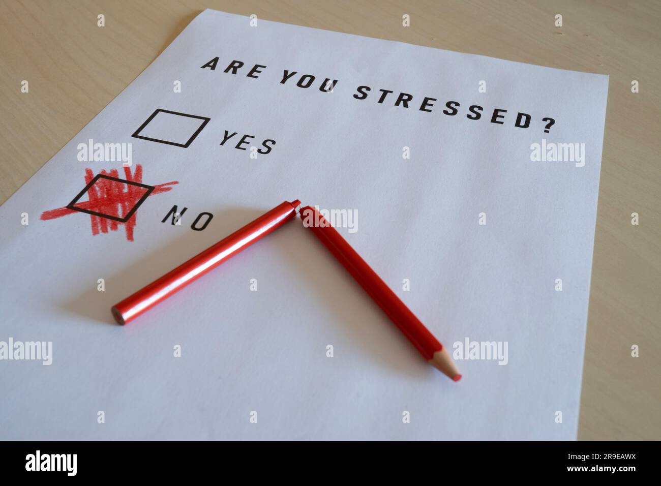 Stressed guy concept: say you are not stressed but lie Stock Photo