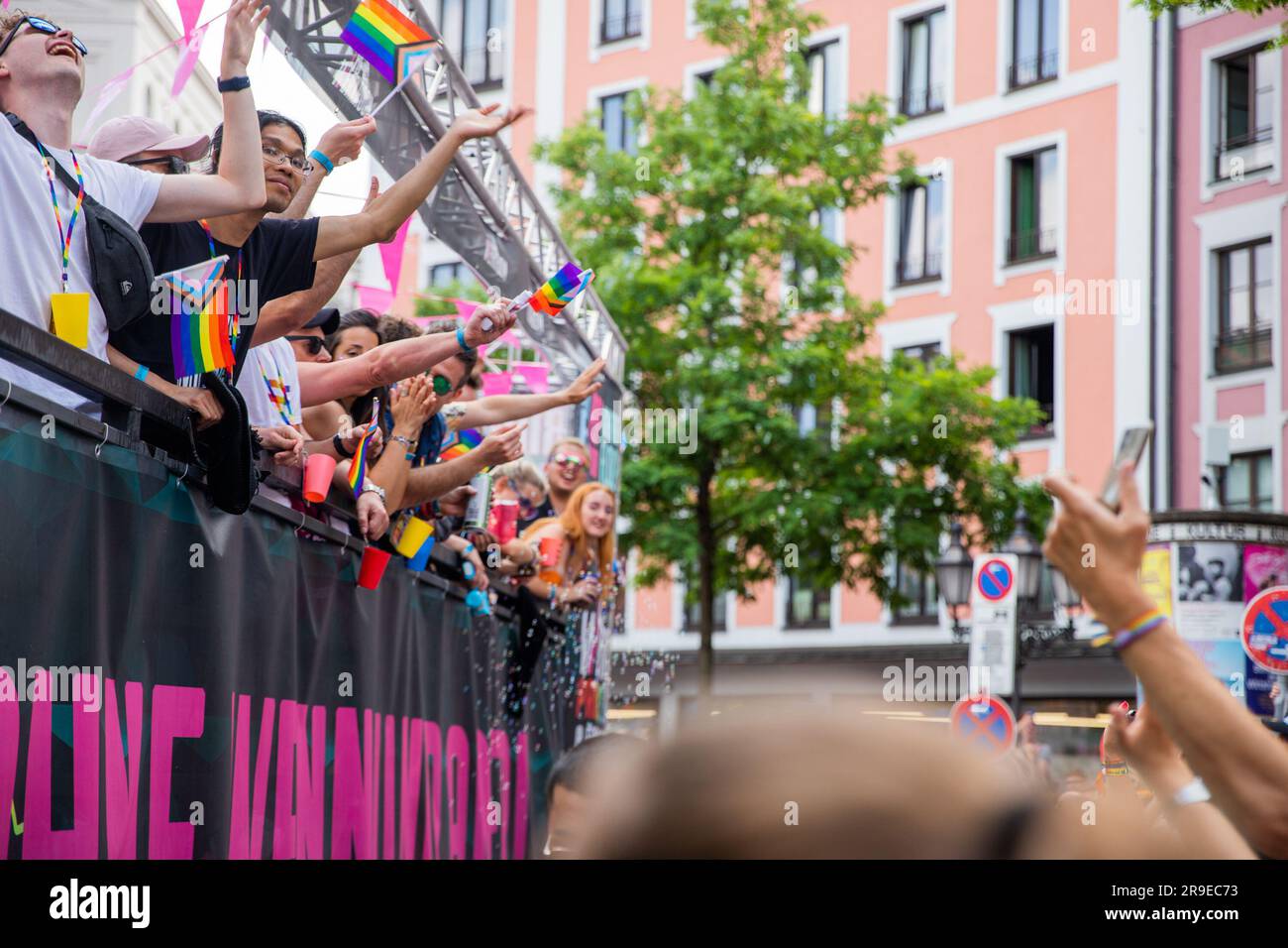 Munich, Germany, 24 June 2023: People celebrate Gay Pride in Munich while dancing on a truck Stock Photo